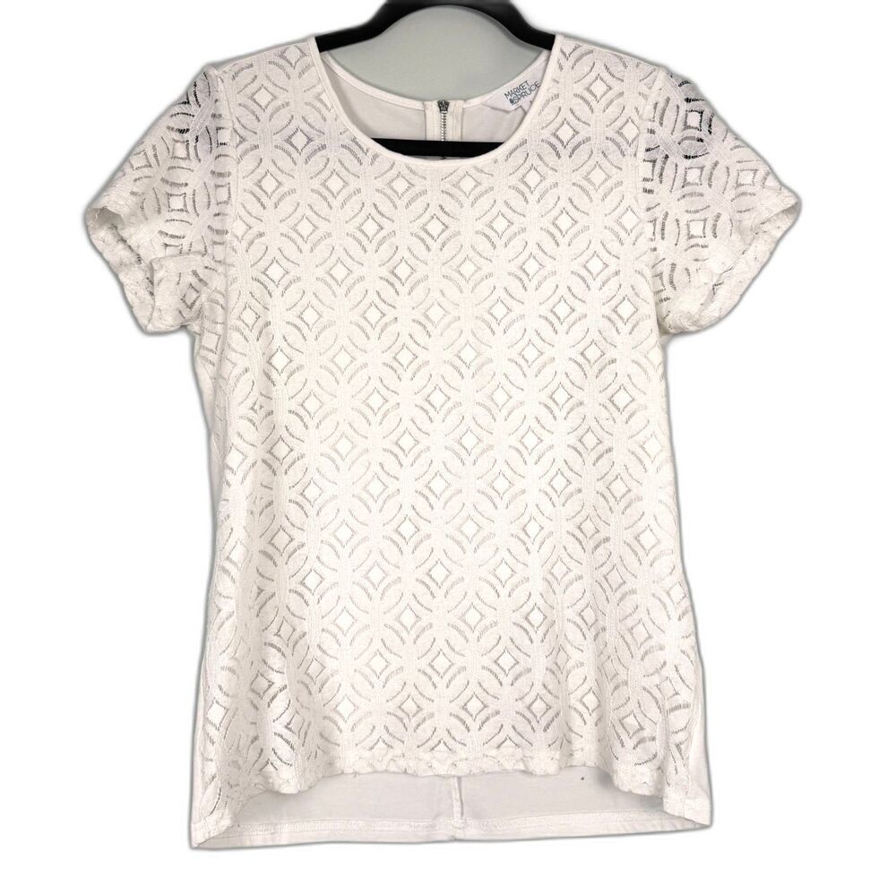 Market & Spruce Blouse Womens Small White Lace Short Sleeve Textured Top